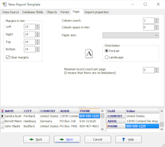 Specifying page parameters for report